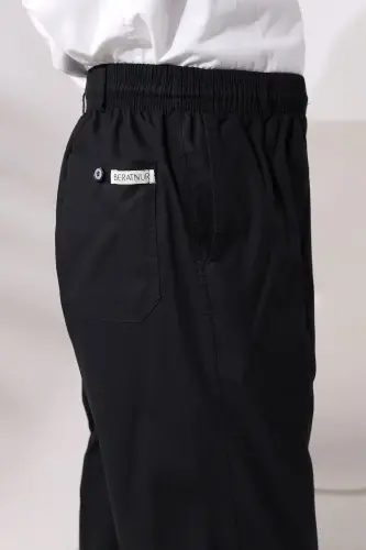 Erkek Siyah Rahat Kesim Beli Lastikli Keten Hac ve Umre Şalvar Pantolon-Siyah - 4