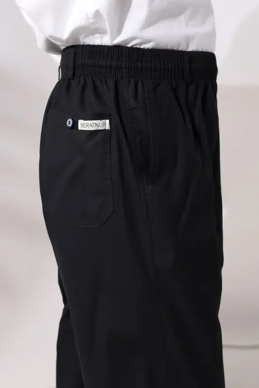 Erkek Siyah Rahat Kesim Beli Lastikli Keten Hac ve Umre Şalvar Pantolon-Siyah - 4