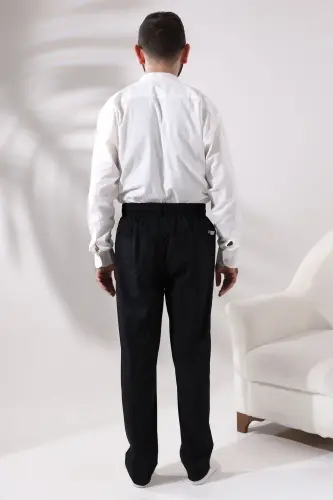 Erkek Siyah Rahat Kesim Beli Lastikli Keten Hac ve Umre Şalvar Pantolon-Siyah - 6