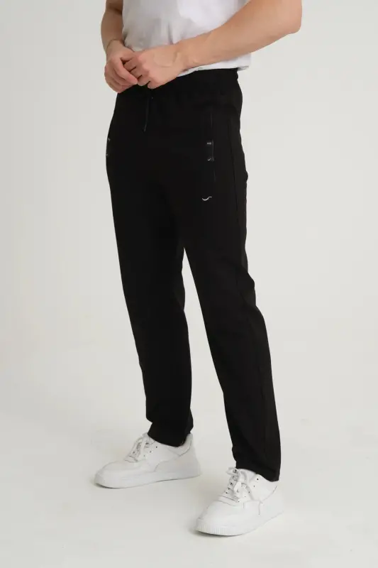 Erkek Regular Fit Beli Bağcıklı Düz Paça Nakış Detaylı Penye Kumaş Siyah Eşofman Altı - Siyah - 1