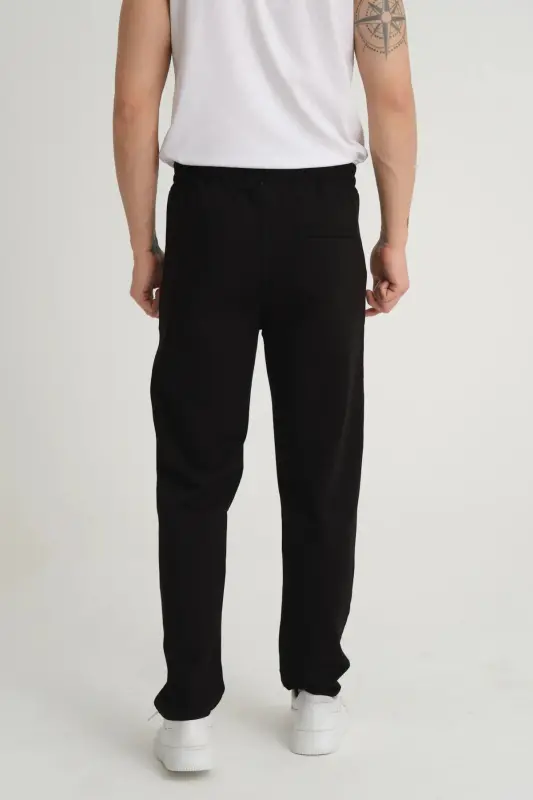 Erkek Regular Fit Beli Bağcıklı Düz Paça Nakış Detaylı Penye Kumaş Siyah Eşofman Altı - Siyah - 4