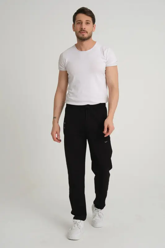 Erkek Regular Fit Beli Bağcıklı Düz Paça Nakış Detaylı Penye Kumaş Siyah Eşofman Altı - Siyah - 6