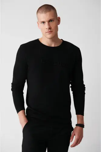 Erkek Siyah Bisiklet Yaka Baskılı Rayon Kazak A32Y5033 - Siyah 