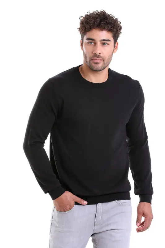 Erkek Siyah Regular Fit %100 Pamuk Bisiklet Yaka Triko Kazak - Siyah - HATEMOĞLU