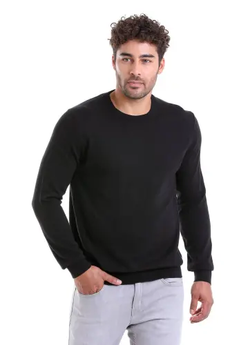 Erkek Siyah Regular Fit %100 Pamuk Bisiklet Yaka Triko Kazak - Siyah 