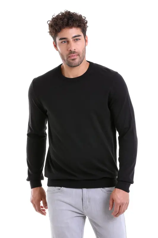 Erkek Siyah Regular Fit %100 Pamuk Bisiklet Yaka Triko Kazak - Siyah - 2