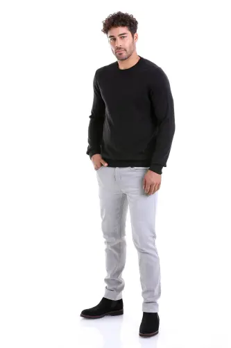 Erkek Siyah Regular Fit %100 Pamuk Bisiklet Yaka Triko Kazak - Siyah - 4