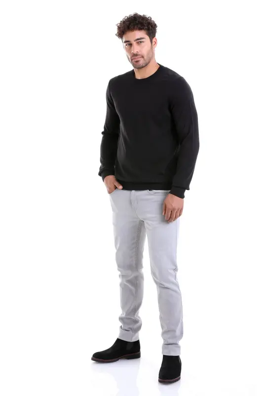 Erkek Siyah Regular Fit %100 Pamuk Bisiklet Yaka Triko Kazak - Siyah - 4