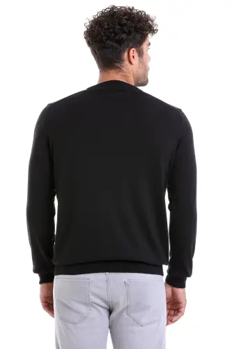 Erkek Siyah Regular Fit %100 Pamuk Bisiklet Yaka Triko Kazak - Siyah - 5