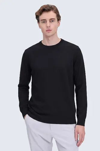 Erkek Siyah Regular Fit Düz Bisiklet Yaka Triko Kazak - Siyah - 1