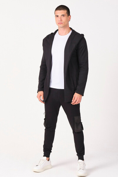 Erkek Siyah Regular Fit Kapüşonlu Uzun Panço Hırka-Siyah - 24