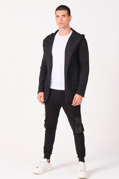 Erkek Siyah Regular Fit Kapüşonlu Uzun Panço Hırka-Siyah - 18