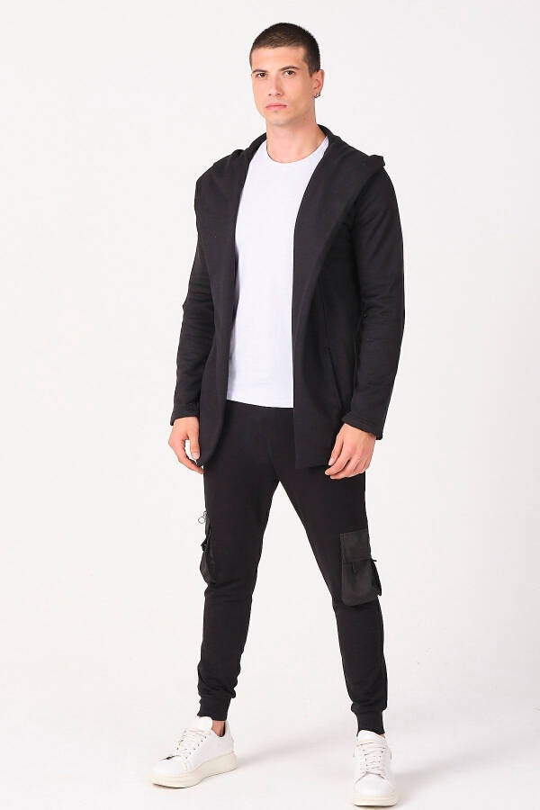 Erkek Siyah Regular Fit Kapüşonlu Uzun Panço Hırka-Siyah - 5