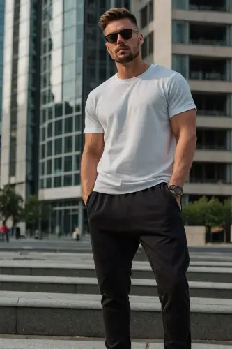 Erkek Siyah Renk Italyan Kesim Kaliteli Esnek Likralı Double Katlı Paça Jogger Pantolon-Duble Siyah - 2