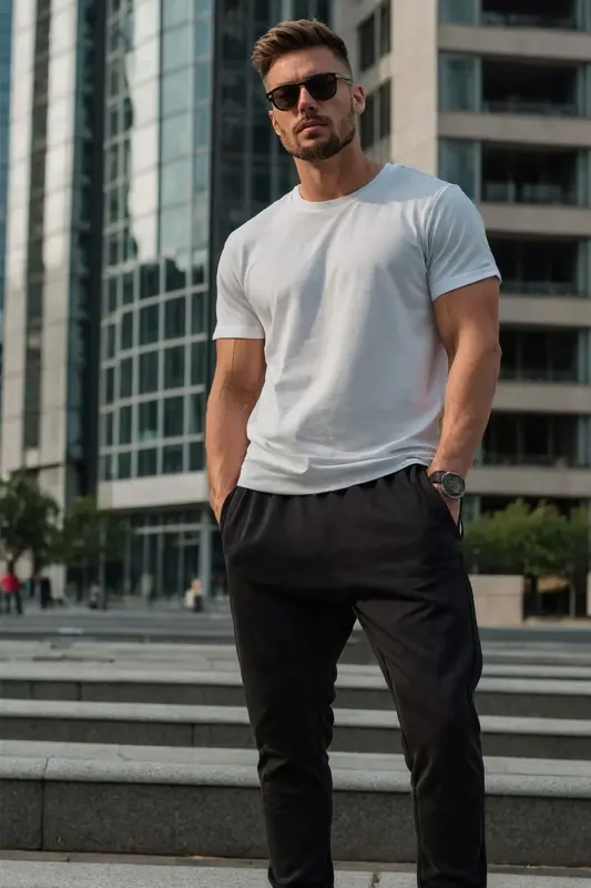 Erkek Siyah Renk Italyan Kesim Kaliteli Esnek Likralı Double Katlı Paça Jogger Pantolon-Duble Siyah - 2