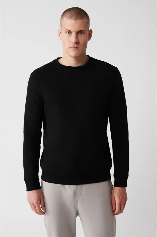 Erkek Siyah Şardonlu Kumaş Bisiklet Yaka Basic Sweatshirt E001017-Siyah - 3