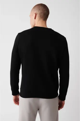 Erkek Siyah Şardonlu Kumaş Bisiklet Yaka Basic Sweatshirt E001017-Siyah - 4