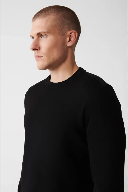 Erkek Siyah Şardonlu Kumaş Bisiklet Yaka Basic Sweatshirt E001017 - Siyah - 2