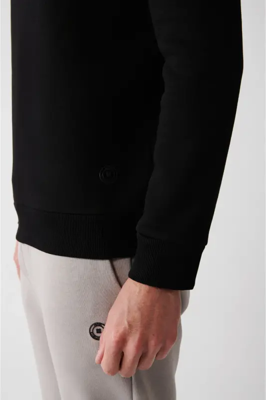 Erkek Siyah Şardonlu Kumaş Bisiklet Yaka Basic Sweatshirt E001017 - Siyah - 5