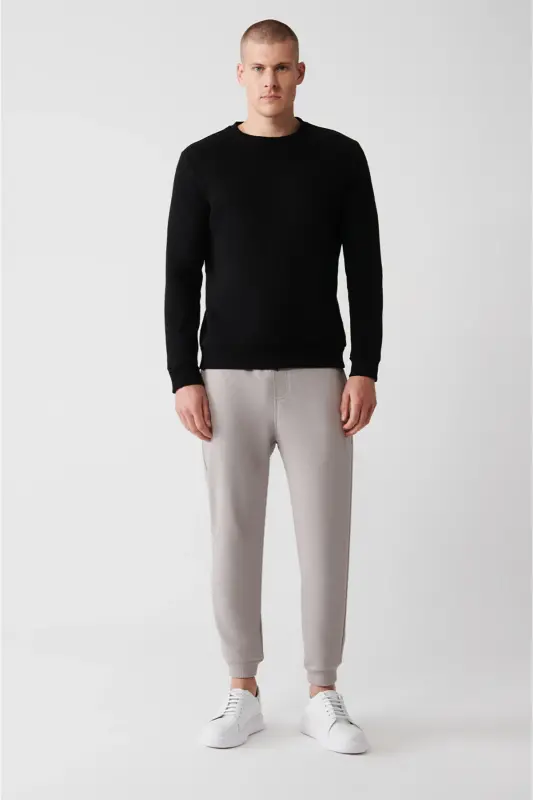 Erkek Siyah Şardonlu Kumaş Bisiklet Yaka Basic Sweatshirt E001017 - Siyah - 6