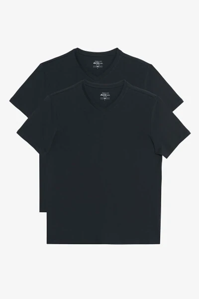 Erkek Siyah-siyah 2'li V Yaka %100 Pamuk Slim Fit Dar Kesim Basic Tişört-Siyah - AC&CO / ALTINYILDIZ CLASSICS