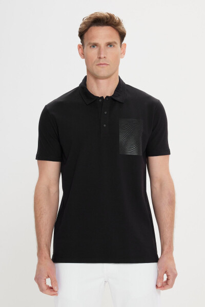 Erkek Siyah Slim Fit Dar Kesim %100 Pamuk Baskılı Polo Yaka Tişört - Siyah - 7