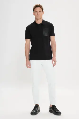 Erkek Siyah Slim Fit Dar Kesim %100 Pamuk Baskılı Polo Yaka Tişört - Siyah - 4