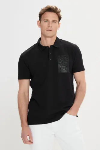 Erkek Siyah Slim Fit Dar Kesim %100 Pamuk Baskılı Polo Yaka Tişört - Siyah - 5