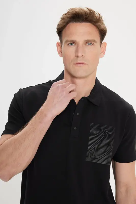 Erkek Siyah Slim Fit Dar Kesim %100 Pamuk Baskılı Polo Yaka Tişört - Siyah - 6
