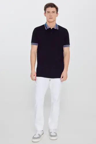 Erkek Siyah Slim Fit Dar Kesim %100 Pamuk Kıvrılmaz Polo Yaka Tişört-Siyah - 3