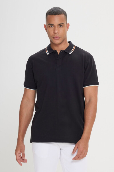 Erkek Siyah Slim Fit Dar Kesim %100 Pamuk Polo Yaka Tişört-Siyah - 3