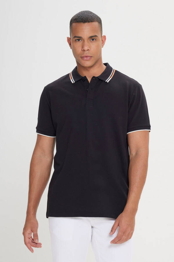 Erkek Siyah Slim Fit Dar Kesim %100 Pamuk Polo Yaka Tişört-Siyah - 3
