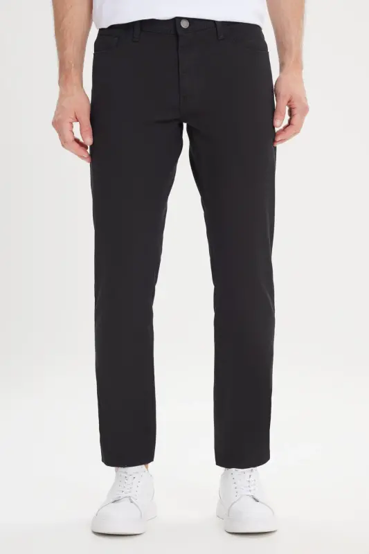 Erkek Siyah Slim Fit Dar Kesim 5 Cep Armürlü Esnek Pantolon - Siyah - AC&CO / ALTINYILDIZ CLASSICS