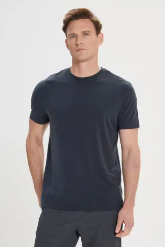 Erkek Siyah Slim Fit Dar Kesim Bisiklet Yaka Pamuklu Tişört-Siyah - 4