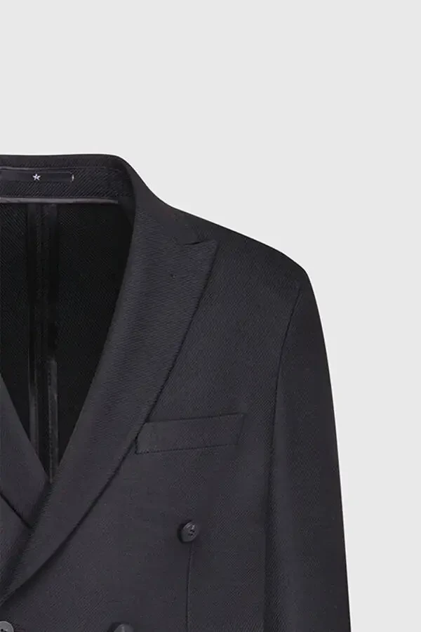 Erkek Siyah Slim Fit Dar Kesim Kırlangıç Yaka Diagonal Desenli Torba Cepli Ceket - 8