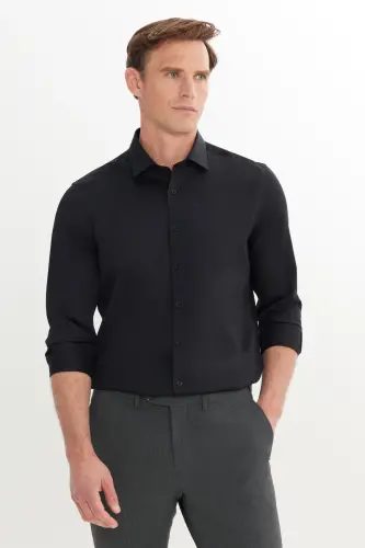 Erkek Siyah Slim Fit Dar Kesim Klasik Yaka %100 Pamuk Ütü Gerektirmeyen Non-Iron Gömlek - Siyah - 1