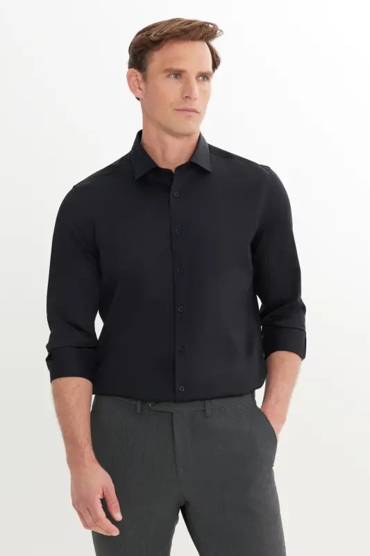 Erkek Siyah Slim Fit Dar Kesim Klasik Yaka %100 Pamuk Ütü Gerektirmeyen Non-Iron Gömlek - Siyah - 1