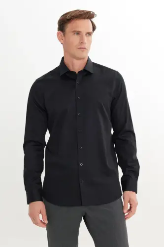 Erkek Siyah Slim Fit Dar Kesim Klasik Yaka %100 Pamuk Ütü Gerektirmeyen Non-Iron Gömlek - Siyah - 3