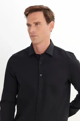 Erkek Siyah Slim Fit Dar Kesim Klasik Yaka %100 Pamuk Ütü Gerektirmeyen Non-Iron Gömlek - Siyah - 4