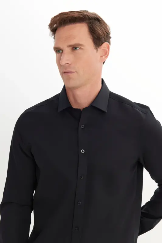 Erkek Siyah Slim Fit Dar Kesim Klasik Yaka %100 Pamuk Ütü Gerektirmeyen Non-Iron Gömlek - Siyah - 4