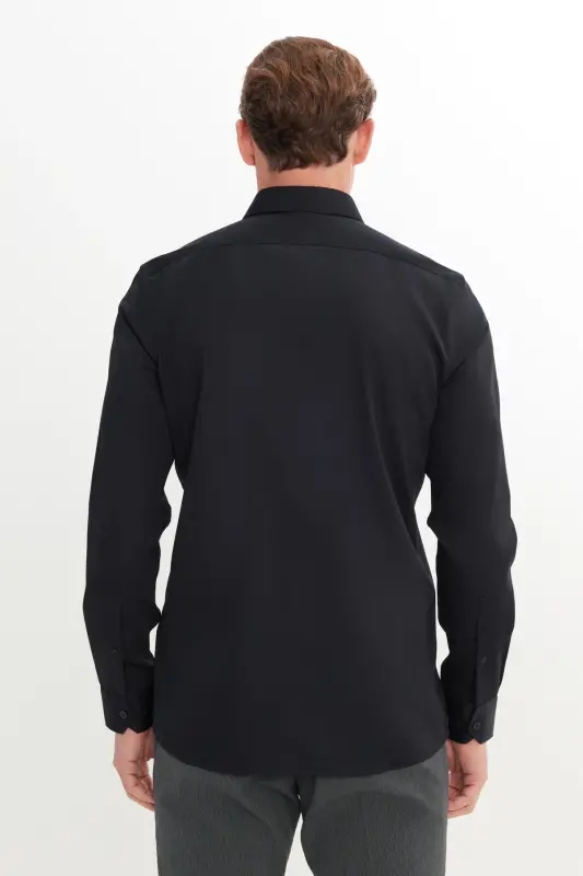 Erkek Siyah Slim Fit Dar Kesim Klasik Yaka %100 Pamuk Ütü Gerektirmeyen Non-Iron Gömlek - Siyah - 5