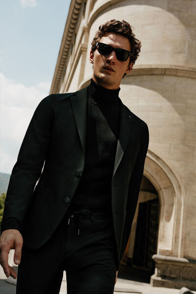 Erkek Siyah Slim Fit Dar Kesim Mono Yaka Casual Blazer Ceket - Siyah - 16