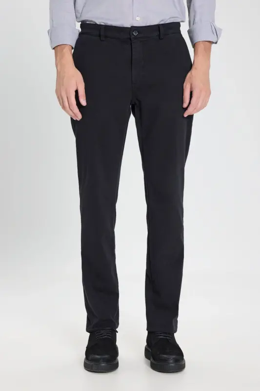 Erkek Siyah Slim Fit Dar Kesim Pamuklu Esnek Armürlü Yan Cep Pantolon - Siyah - 1