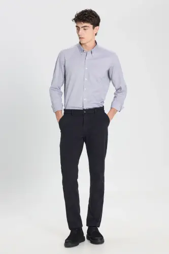 Erkek Siyah Slim Fit Dar Kesim Pamuklu Esnek Armürlü Yan Cep Pantolon - Siyah - 3