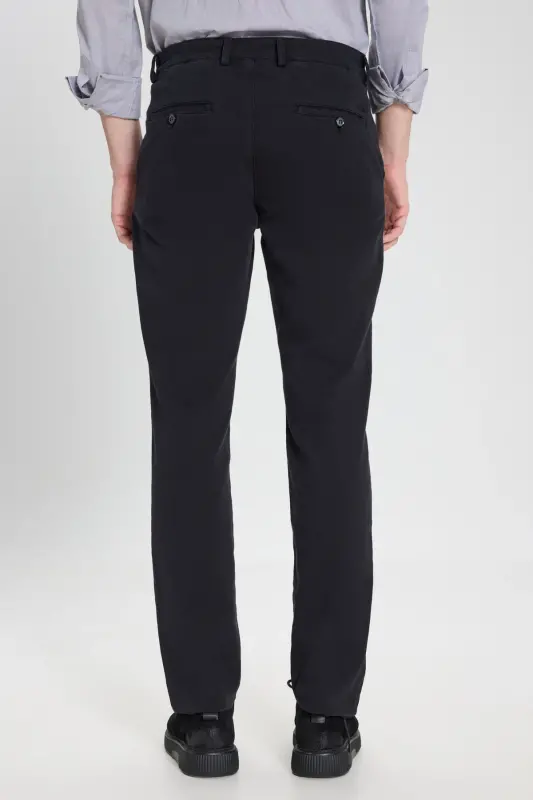 Erkek Siyah Slim Fit Dar Kesim Pamuklu Esnek Armürlü Yan Cep Pantolon - Siyah - 6