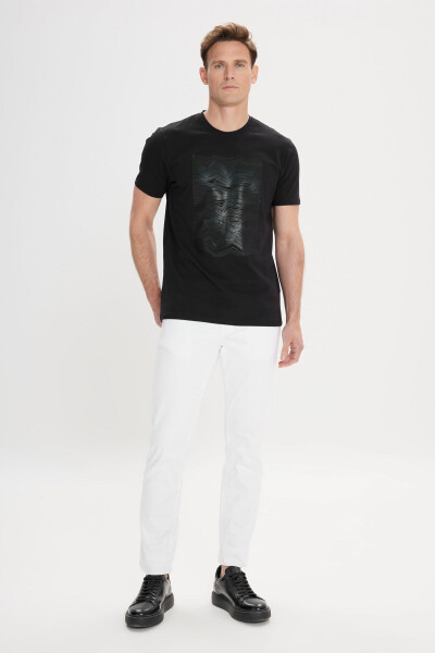 Erkek Siyah Slim Fit Dar Kesim Pamuklu Esnek Baskılı Bisiklet Yaka Tişört-Siyah - 2