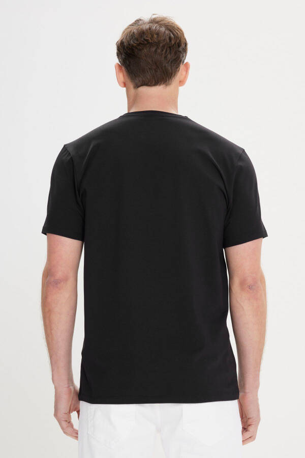 Erkek Siyah Slim Fit Dar Kesim Pamuklu Esnek Baskılı Bisiklet Yaka Tişört-Siyah - 5