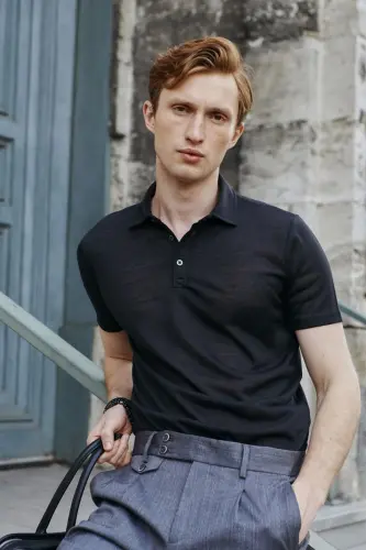 Erkek Siyah Slim Fit Dar Kesim Polo Yaka Düz Casual Tişört-Siyah - MODAZONE (1)