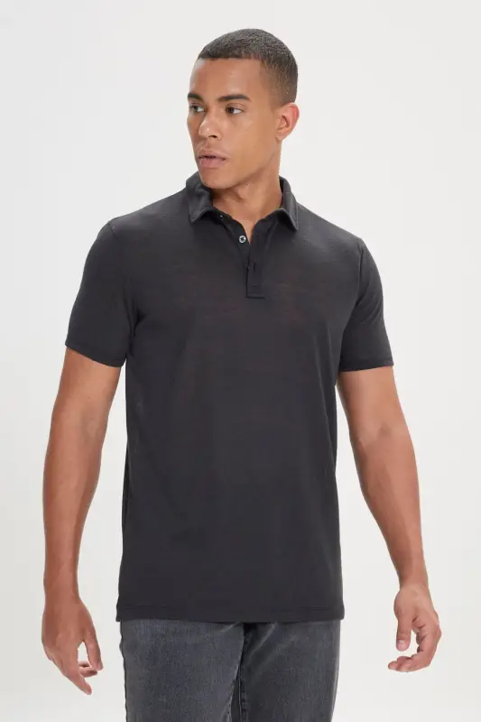 Erkek Siyah Slim Fit Dar Kesim Polo Yaka Düz Casual Tişört - Siyah - 3