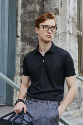 Erkek Siyah Slim Fit Dar Kesim Polo Yaka Düz Casual Tişört-Siyah 